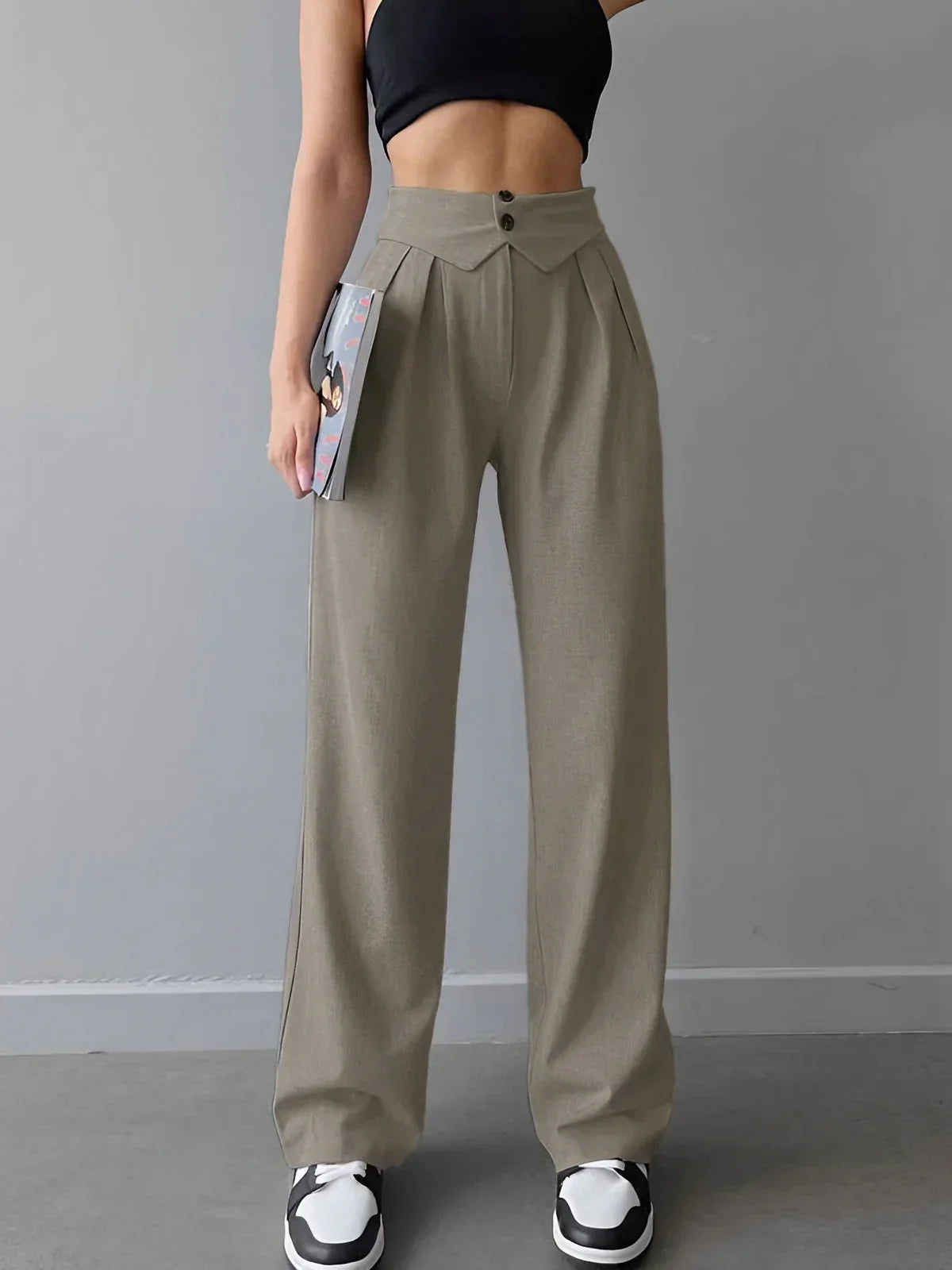 Women's Street Style Straight Leg Dress Pants with Fold-Over Waistband