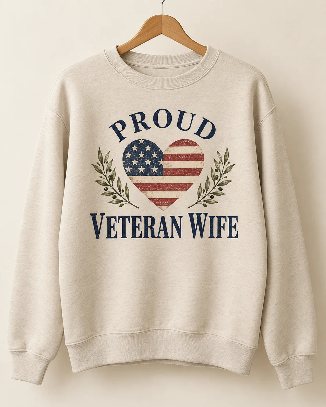 Proud Veteran Wife Heart Crewneck Sweatshirt — artwork detail mockup