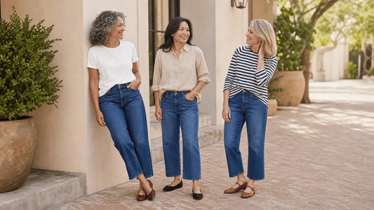 Woman over 40 wearing cropped STAPLE jeans with ballet flats.
