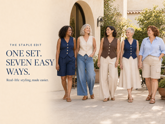 Five women showing versatile ways to style the STAPLE vest and cargo Bermuda shorts set.
