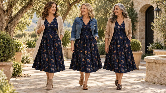 Three women over 40 styling the navy floral Meadowline midi dress with an oat cardigan, denim jacket and camel blazer.