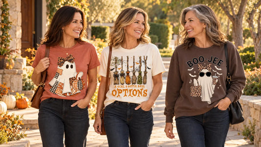 Three women over 40 wearing STAPLE Halloween graphic tops with dark denim in a warm California neighborhood.