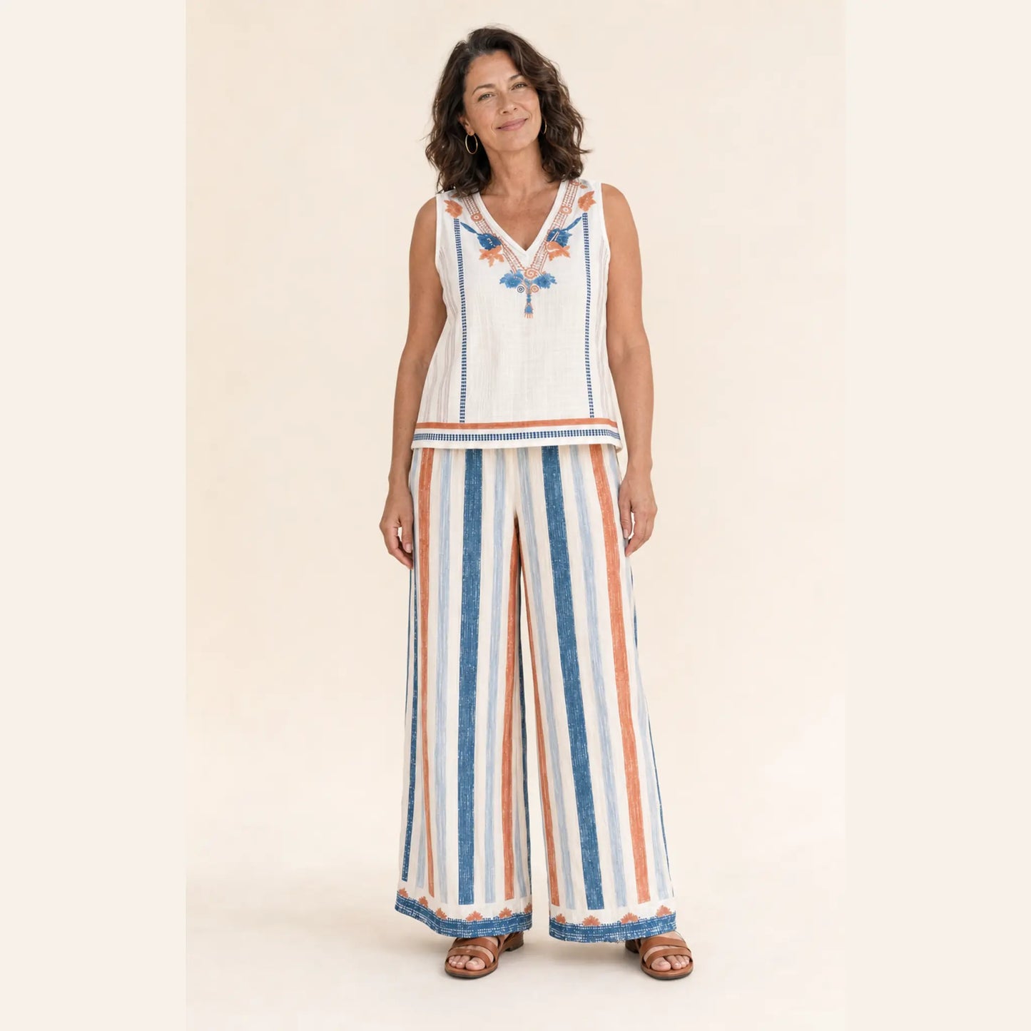 Front view of The Dayaway sleeveless printed top and striped wide-leg pants