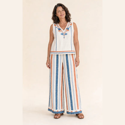 Front view of The Dayaway sleeveless printed top and striped wide-leg pants