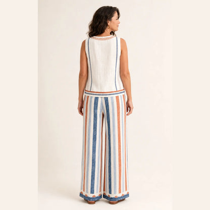 Back view of The Dayaway sleeveless top and full-length striped wide-leg pants