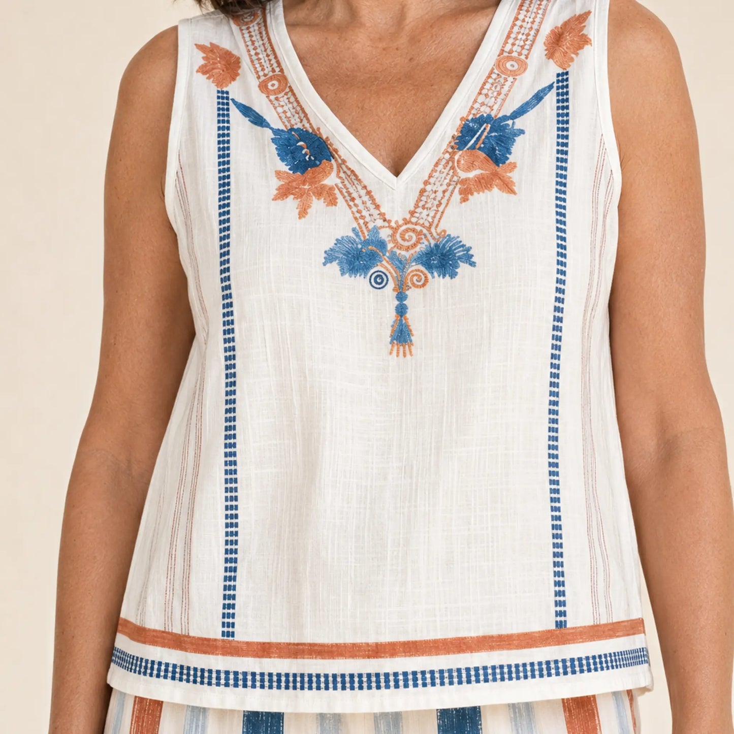 Close-up of The Dayaway V-neck placement motif decorative bands and bordered hem