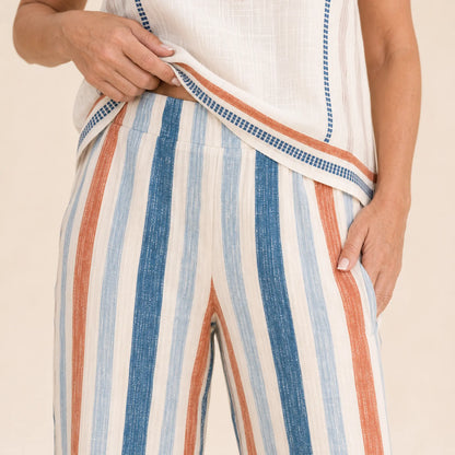 Close-up of The Dayaway pull-on trouser waist side pocket and vertical stripes