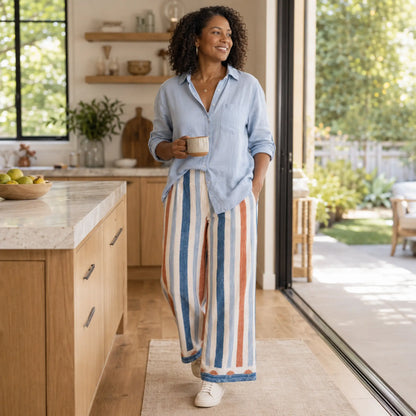 The Dayaway striped wide-leg pants styled with a pale blue chambray shirt