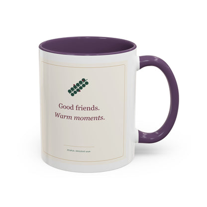 STAPLE Good Friends, Warm Moments 11 oz mug in Purple, right-handle artwork view; digital Printify mockup.