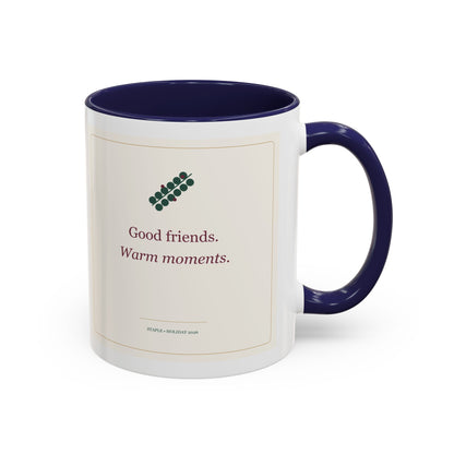 STAPLE Good Friends, Warm Moments 11 oz mug in Navy, right-handle artwork view; digital Printify mockup.