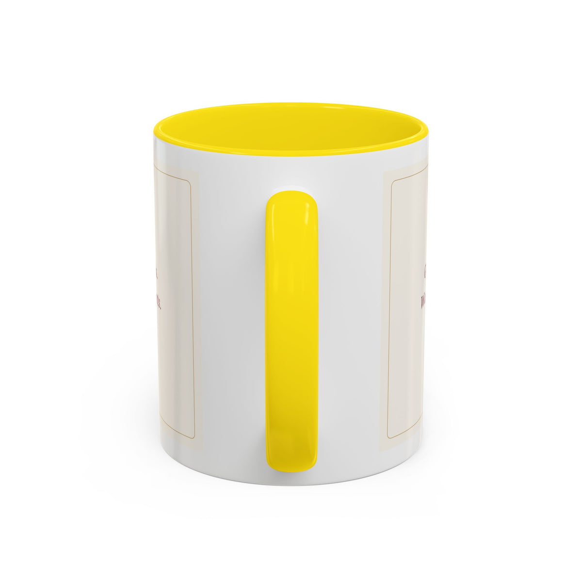 STAPLE Good Friends, Warm Moments 11 oz mug in Yellow, handle view; digital Printify mockup.