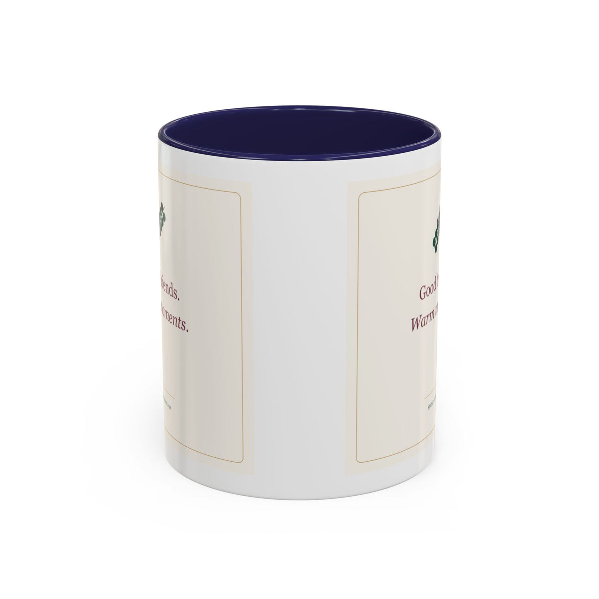 STAPLE Good Friends, Warm Moments 11 oz mug in Navy, wrap view; digital Printify mockup.