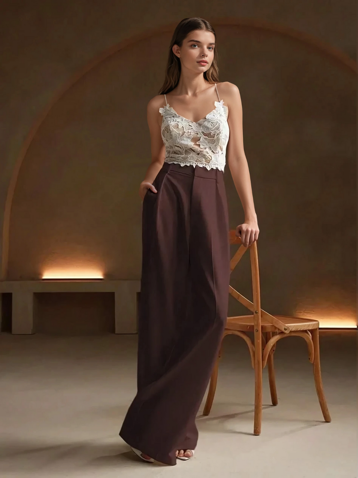 Women's High-Waisted Wide-Leg Pleated Trousers with Zipper Closure