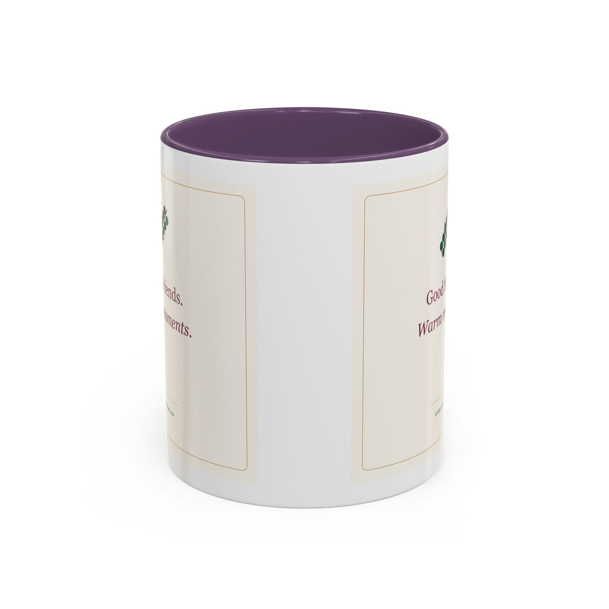 STAPLE Good Friends, Warm Moments 11 oz mug in Purple, wrap view; digital Printify mockup.
