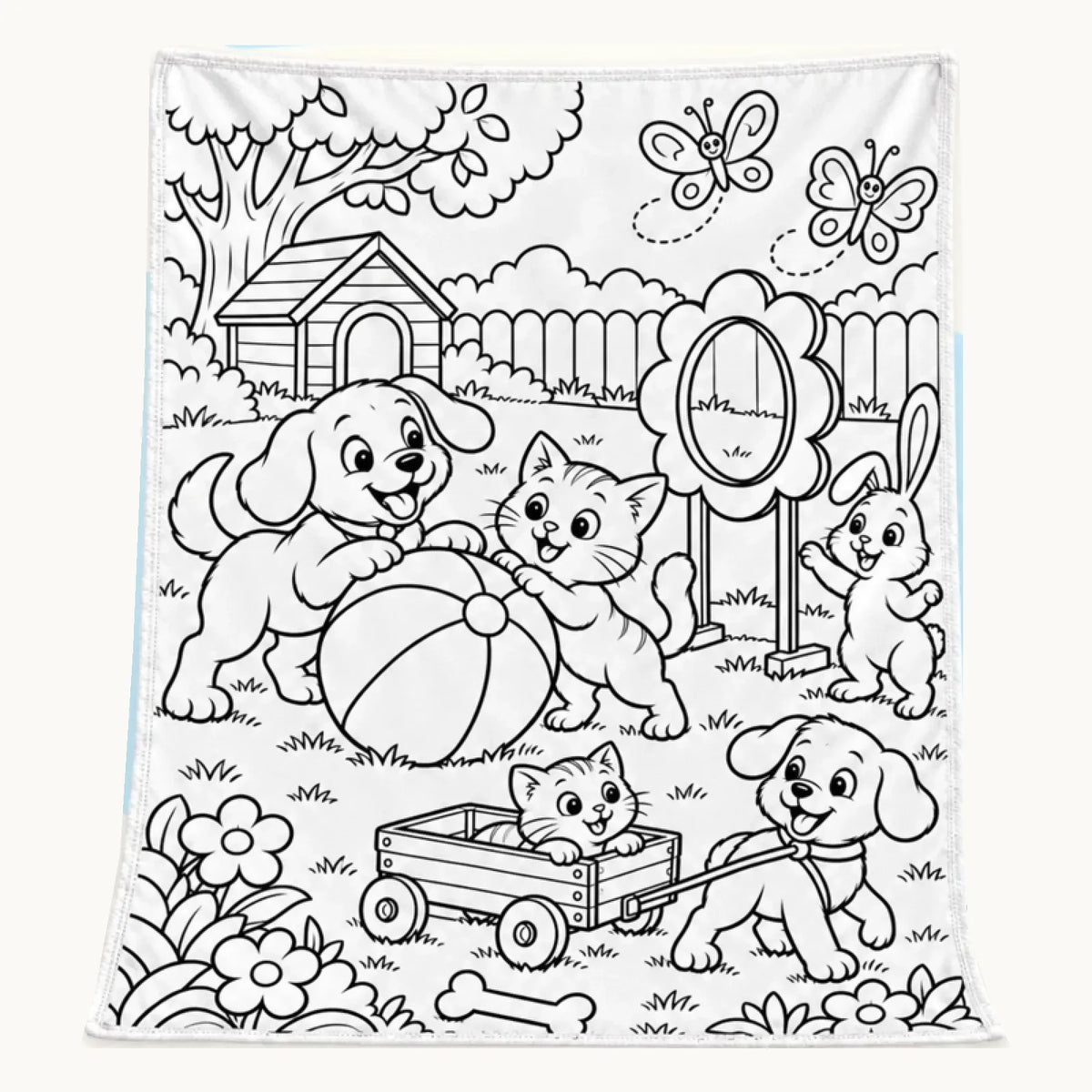 Animal backyard coloring blanket with dogs, cats, a rabbit, butterflies, a ball and wagon in black-and-white outlined artwork.