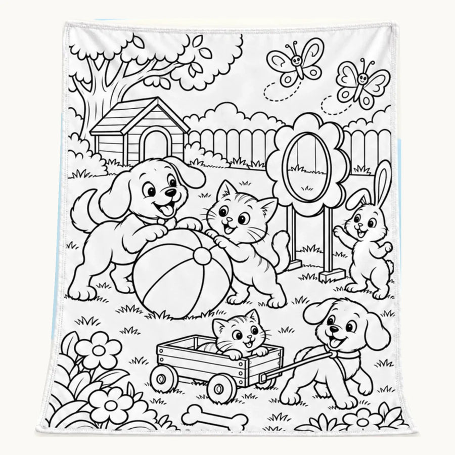 Cute Animal Backyard Coloring Doodle Blanket