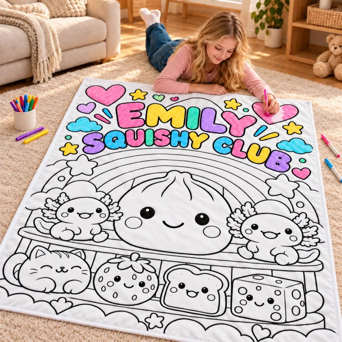 Partly colored Squishy Club blanket showing the personalized name Emily and colorful character artwork.