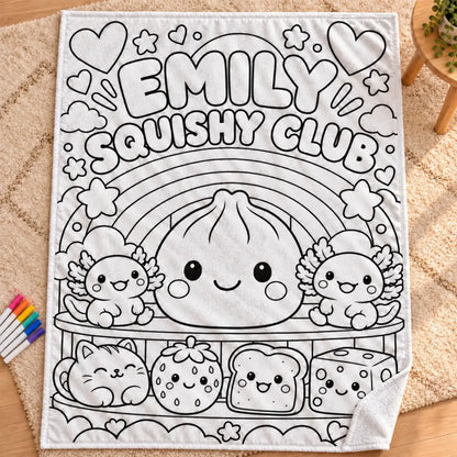 Flat view of the Squishy Club coloring blanket with outlined characters, a rainbow and the name Emily.