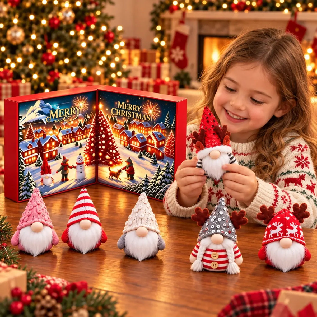 A child holding a white-bearded gnome beside a Christmas advent calendar box and several gnomes.