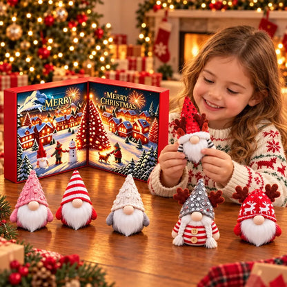 A child holding a white-bearded gnome beside a Christmas advent calendar box and several gnomes.