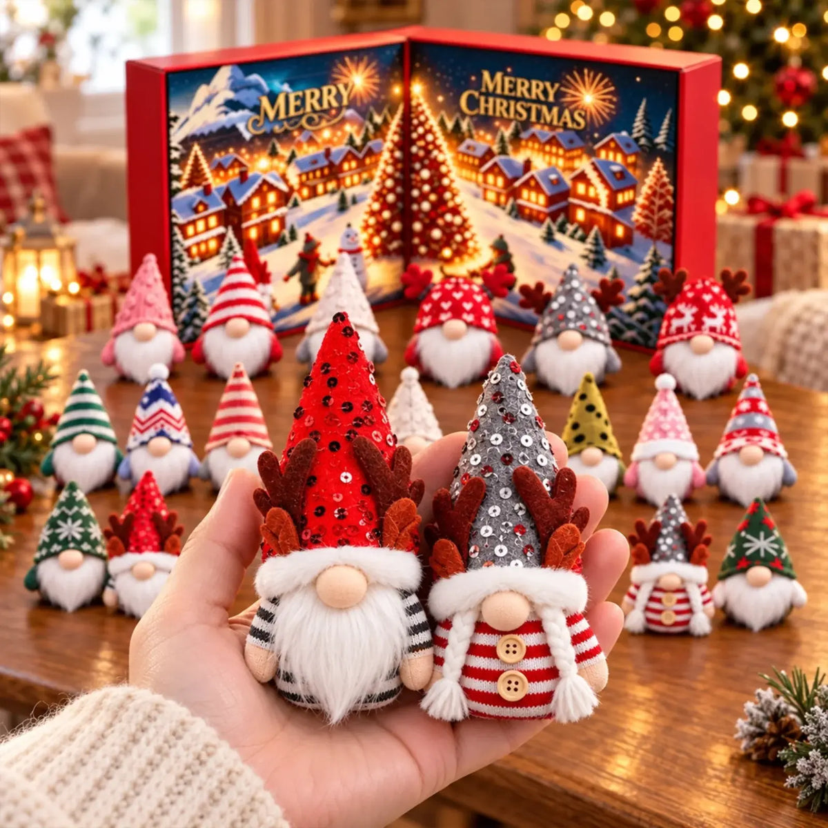 Close-up of two decorative Christmas gnomes with red and gray patterned hats.