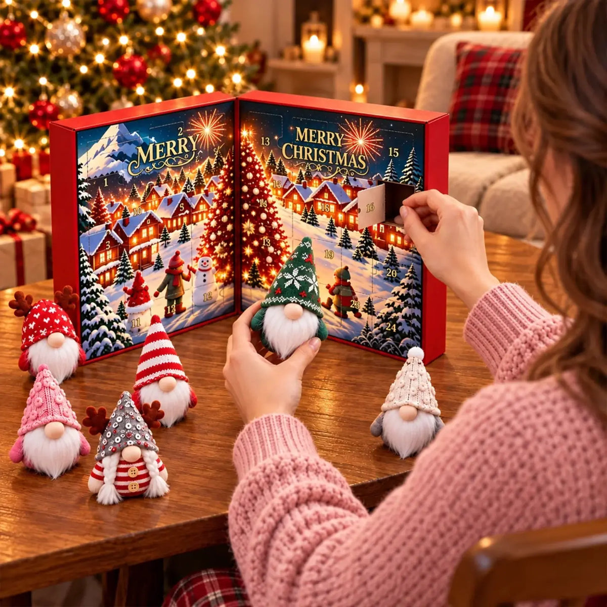 Opening a numbered door on the Christmas gnome advent calendar box.