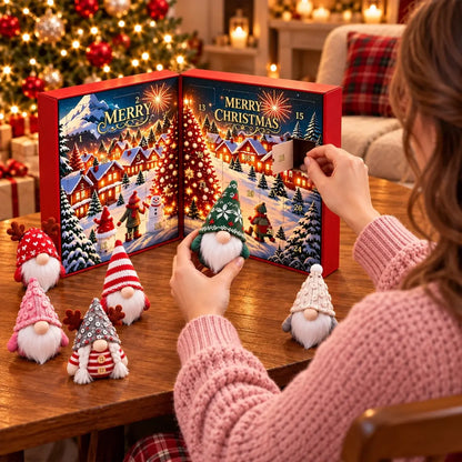 Opening a numbered door on the Christmas gnome advent calendar box.