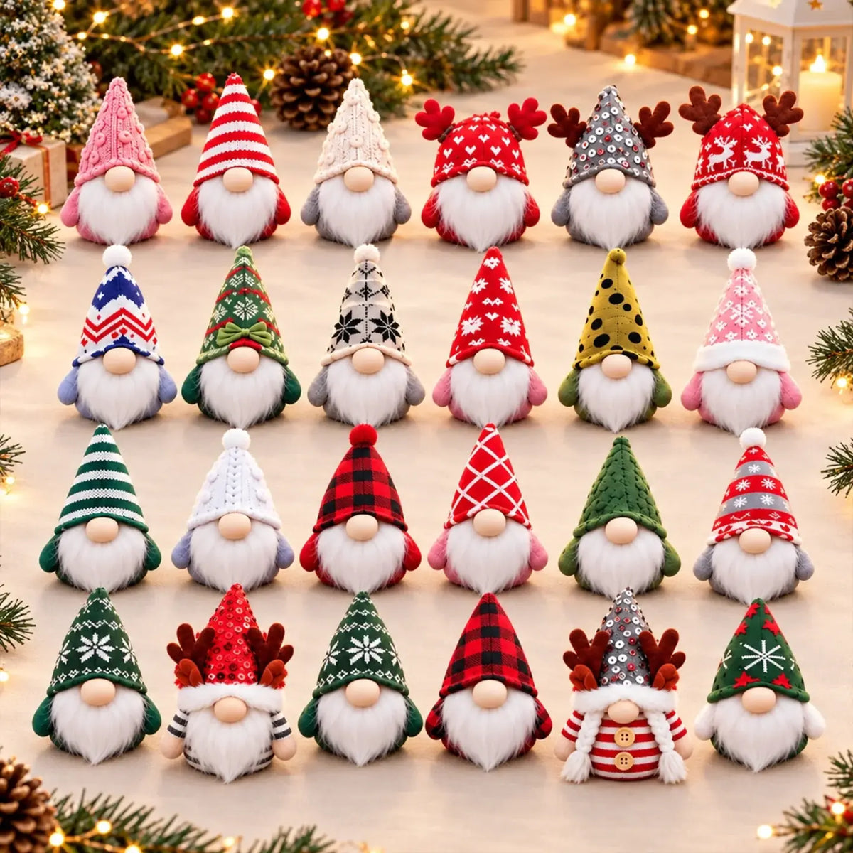 The 24 assorted Christmas gnomes arranged in four rows of six, showing hat colors and patterns.