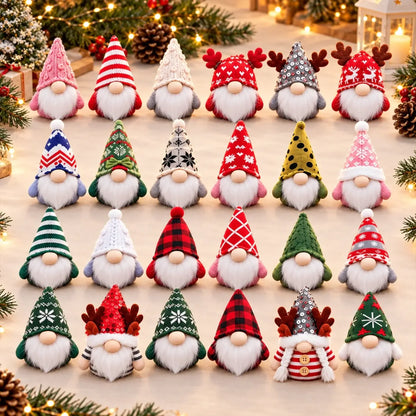 The 24 assorted Christmas gnomes arranged in four rows of six, showing hat colors and patterns.