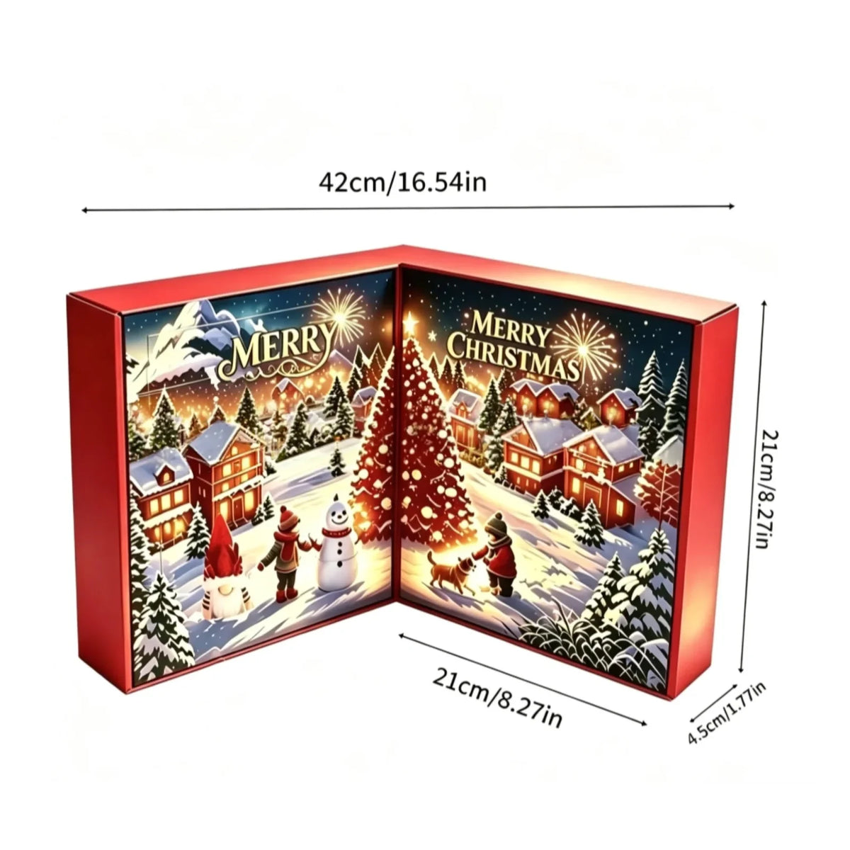 Gnome calendar box size guide showing 42 cm open width, 21 cm height, 21 cm panel width and 4.5 cm depth.