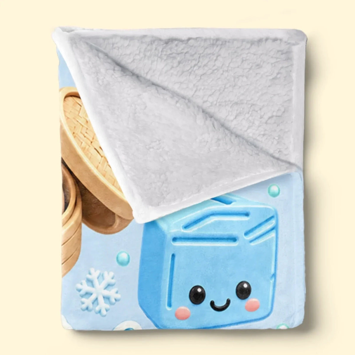 Folded blue character blanket showing its white textured Sherpa backing.