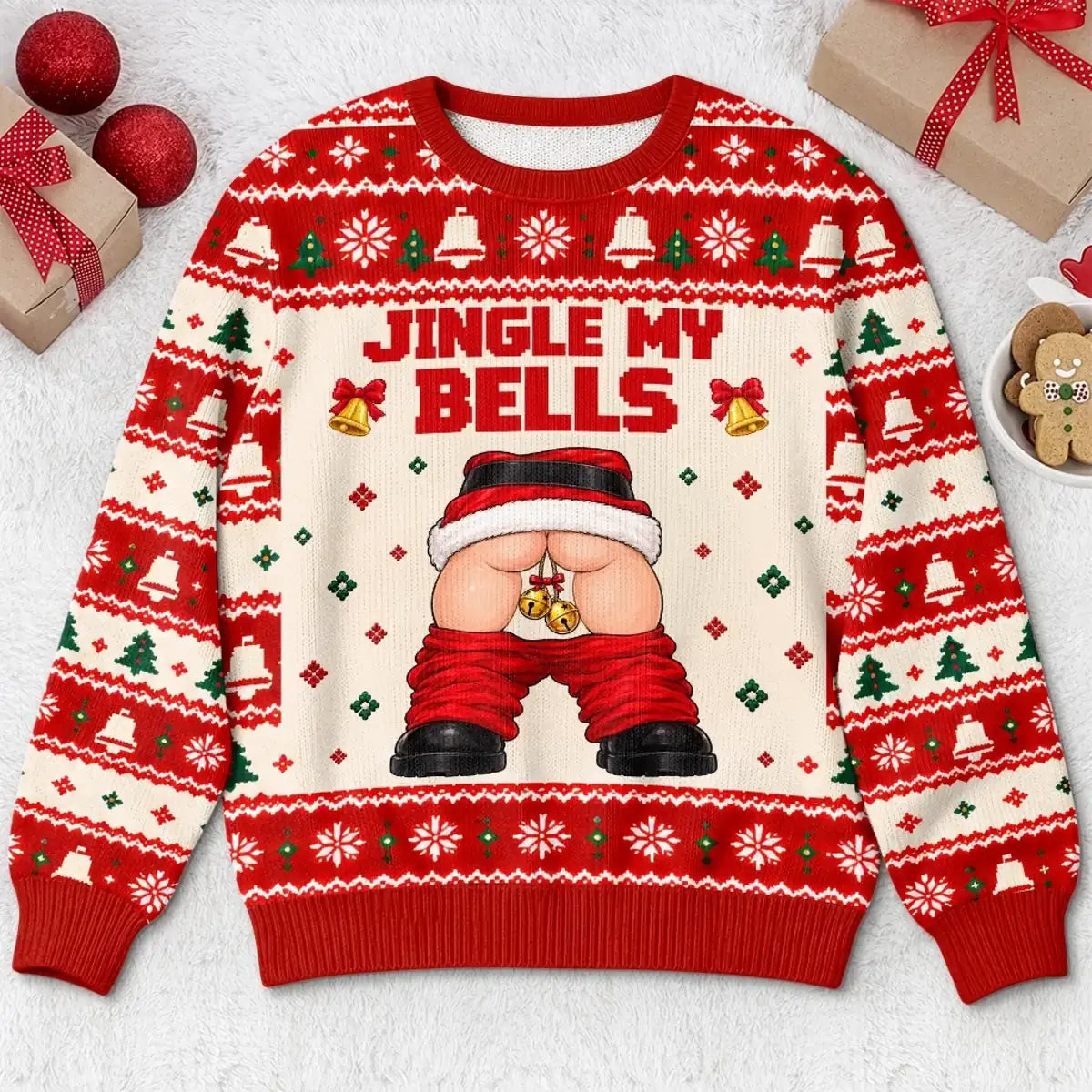 Jingle My Bells Christmas sweatshirt with Santa illustration, front view