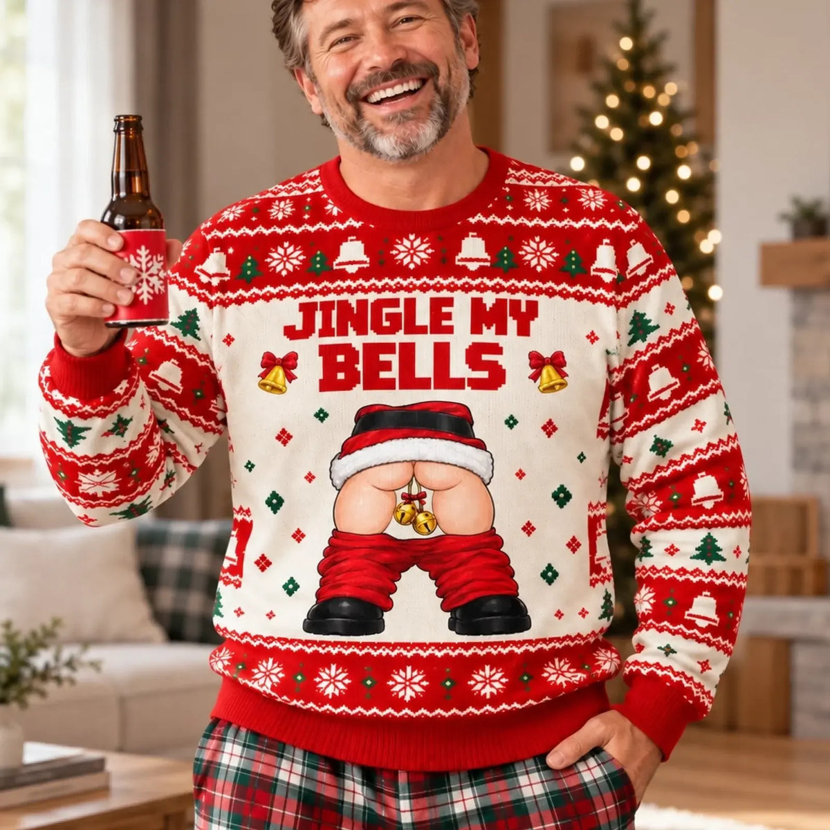 Model lifting the hem of a red Jingle My Bells Christmas sweatshirt