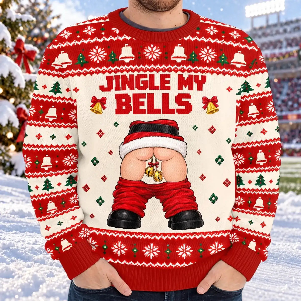 Model wearing the red Jingle My Bells Christmas sweatshirt
