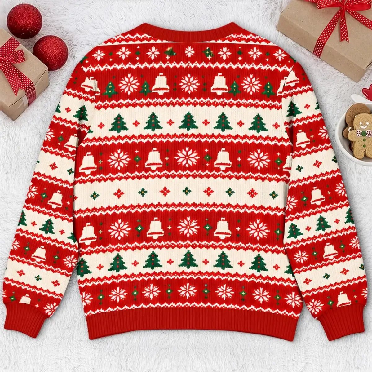 Back view of the red Christmas patterned sweatshirt