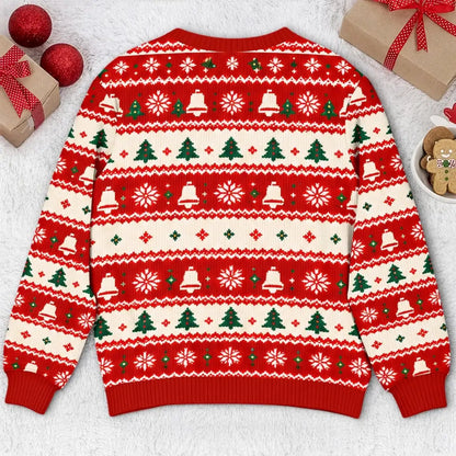 Back view of the red Christmas patterned sweatshirt
