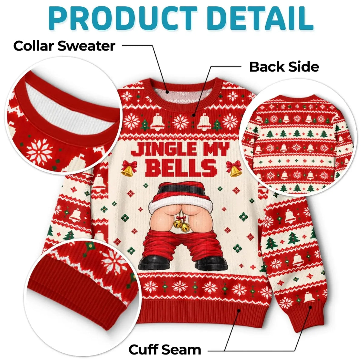 Jingle My Bells sweatshirt front, back, collar and cuff details