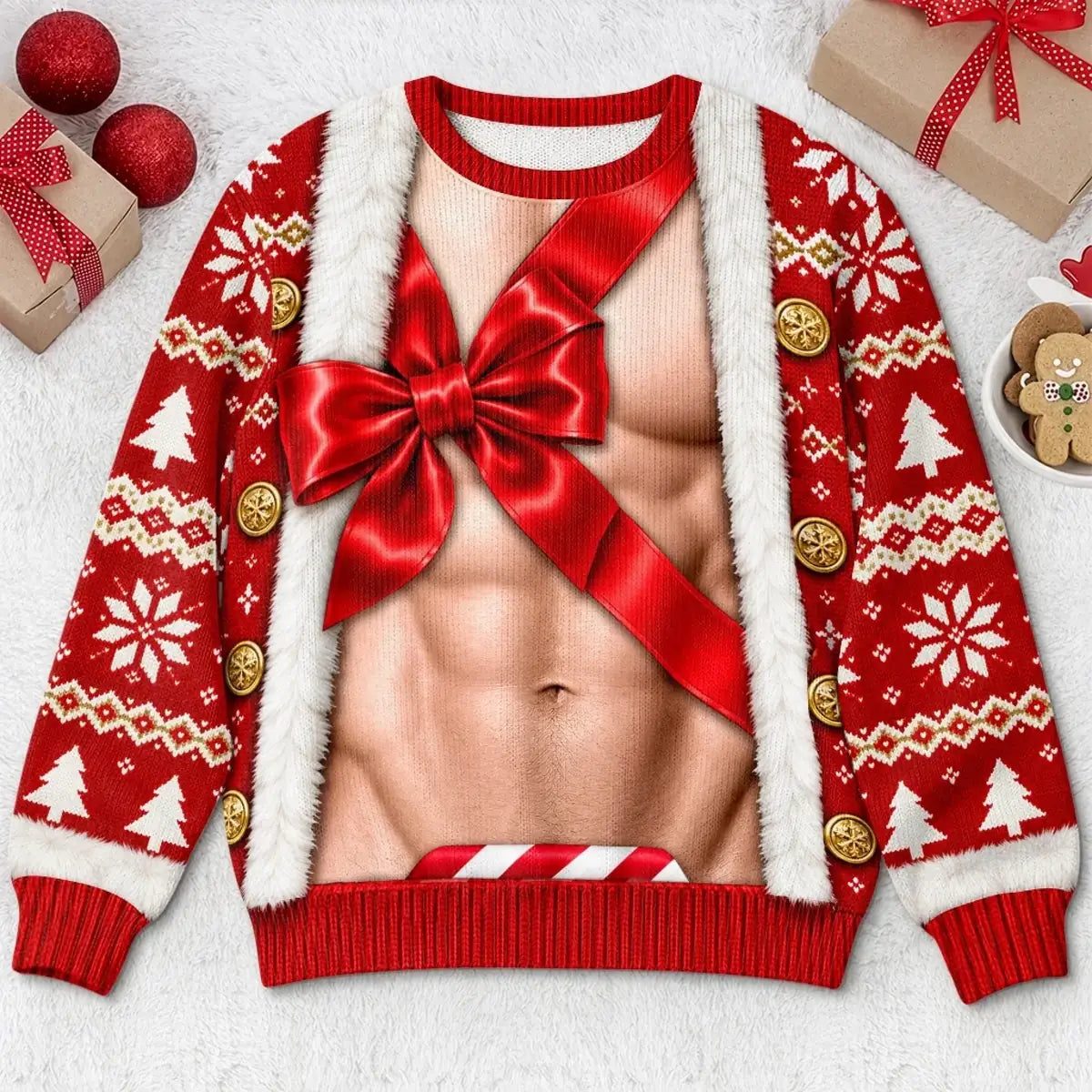 Flat front view of the Man Christmas bow illusion sweatshirt