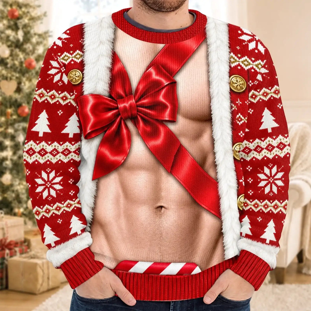 Model wearing the Man Christmas bow illusion sweatshirt