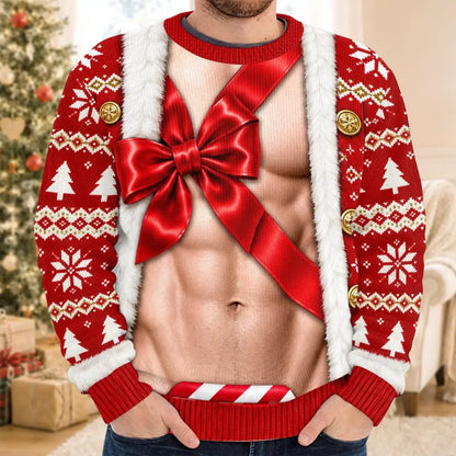 Model wearing the Man Christmas bow illusion sweatshirt
