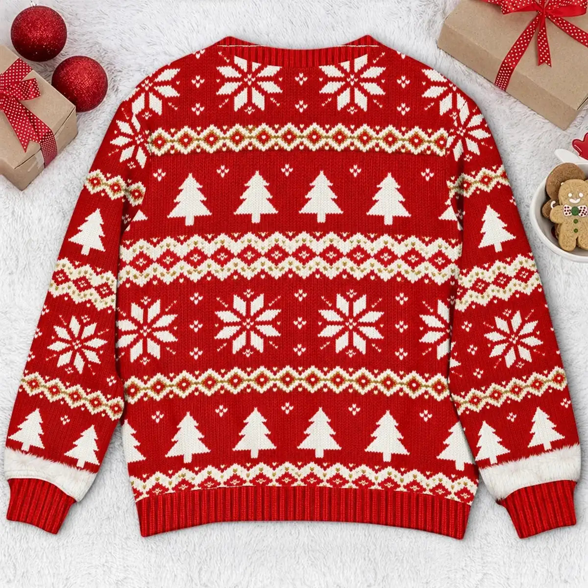 Back view of the red Christmas-patterned bow sweatshirt