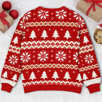Back view of the red Christmas-patterned bow sweatshirt