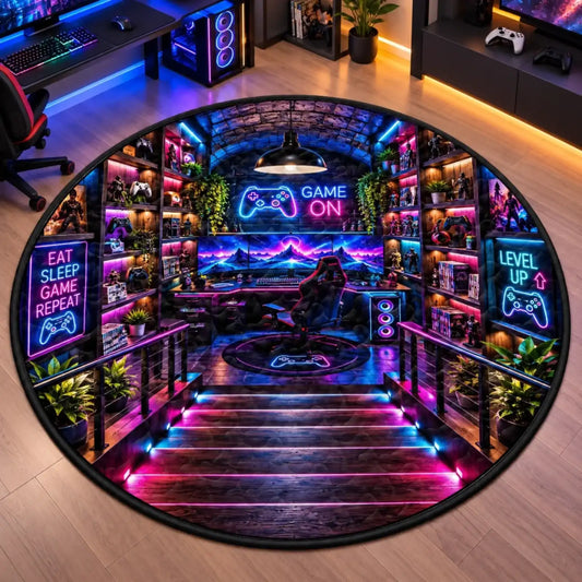 Round gamer mat with neon game-room artwork and Game On lettering