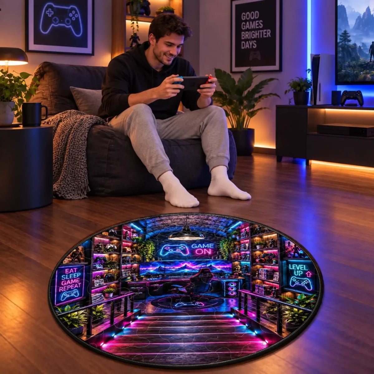 Gamer seated beside a neon gaming-room print round mat