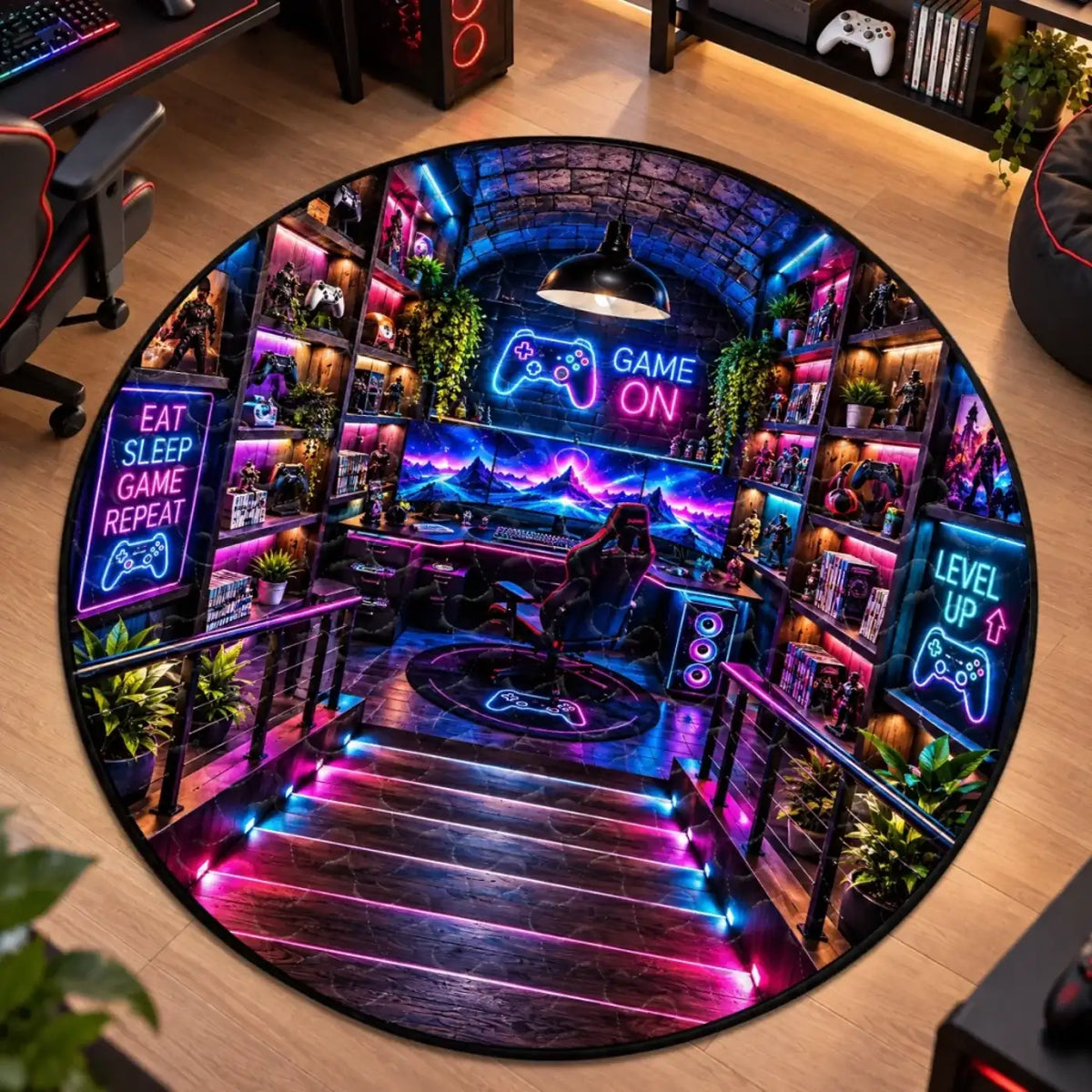 Close view of the neon gamer room artwork on the round mat