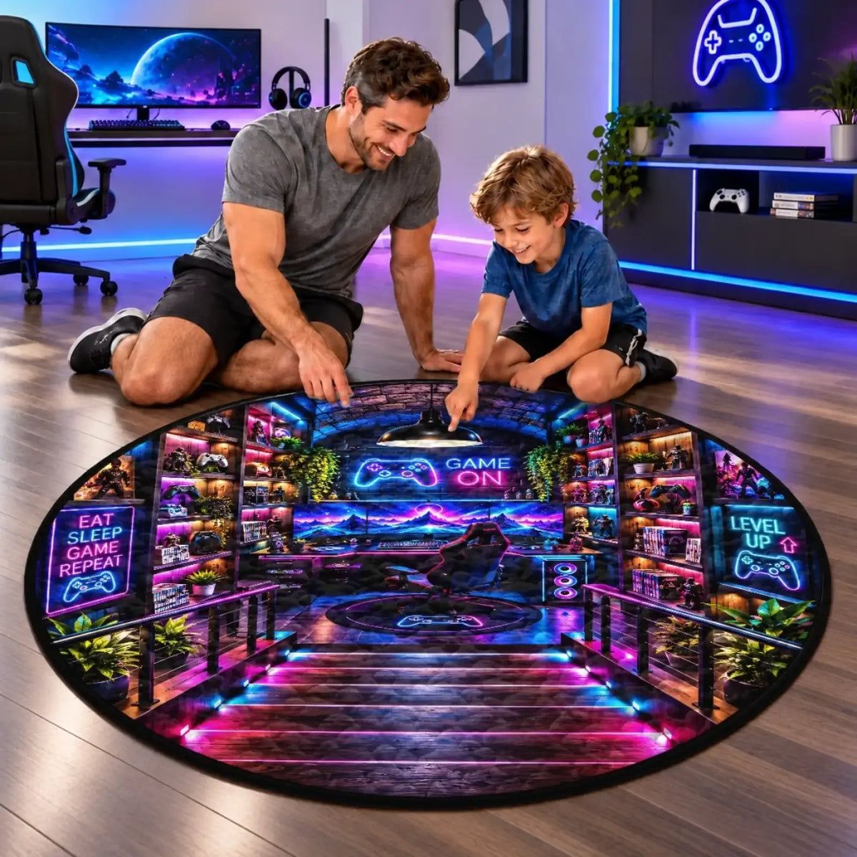 Adult and child beside the gamer print round mat
