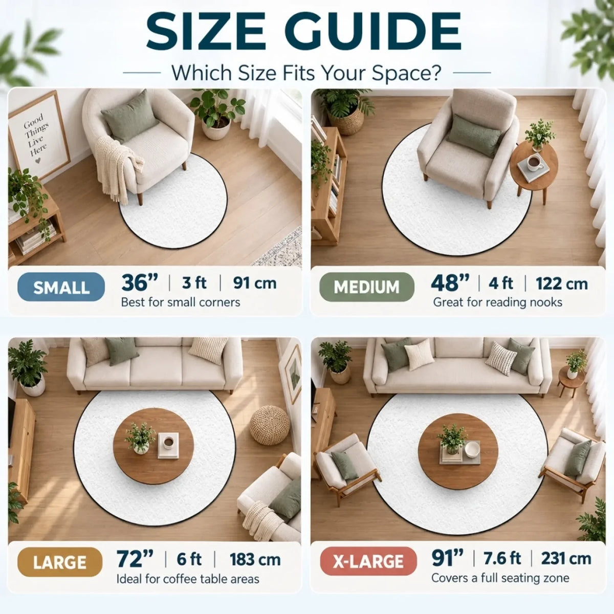 Round mat diameter guide: 36, 48, 72 and 91 inches
