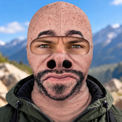 Bald Funny Face print balaclava worn by a model, front view