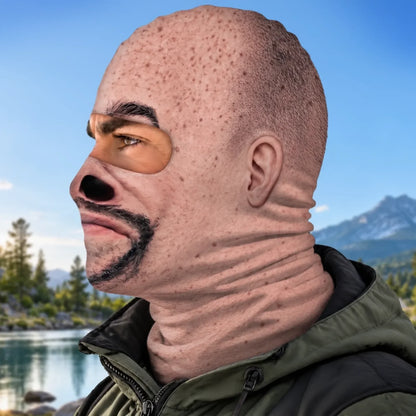 Side view of Bald Funny Face print balaclava with printed ear and head details