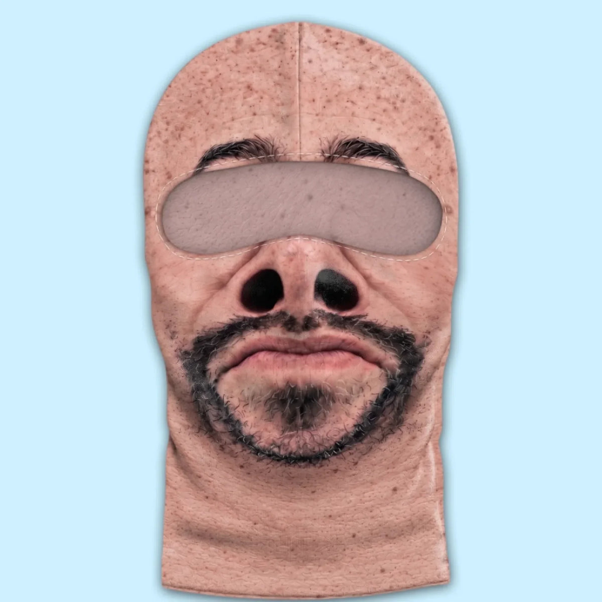 Front view of Bald Funny Face print balaclava with open eye area and goatee artwork